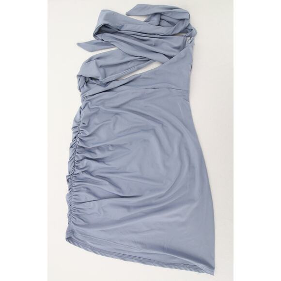 Superdown Suzette Dress Blue Gray Mini Ruched Cutout Tie Stretch Knit Halter L - Picture 12 of 13